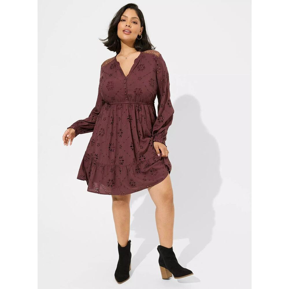 Torrid Mini Eyelet Challis Shirt Dress Sassafras Burgundy Maroon Long Sleeve